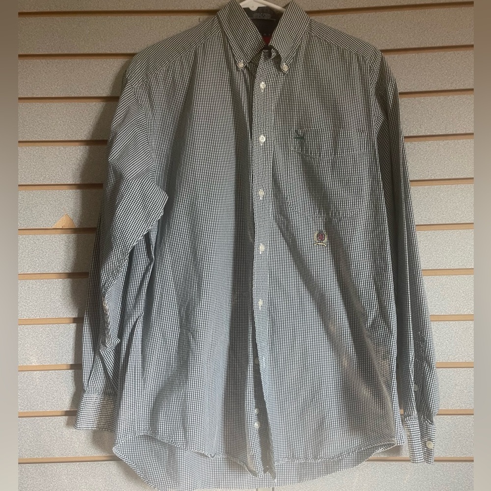 Tommy Hilfiger Long Sleeve Button Up Shirt Green White Checkered Men’s Small EUC